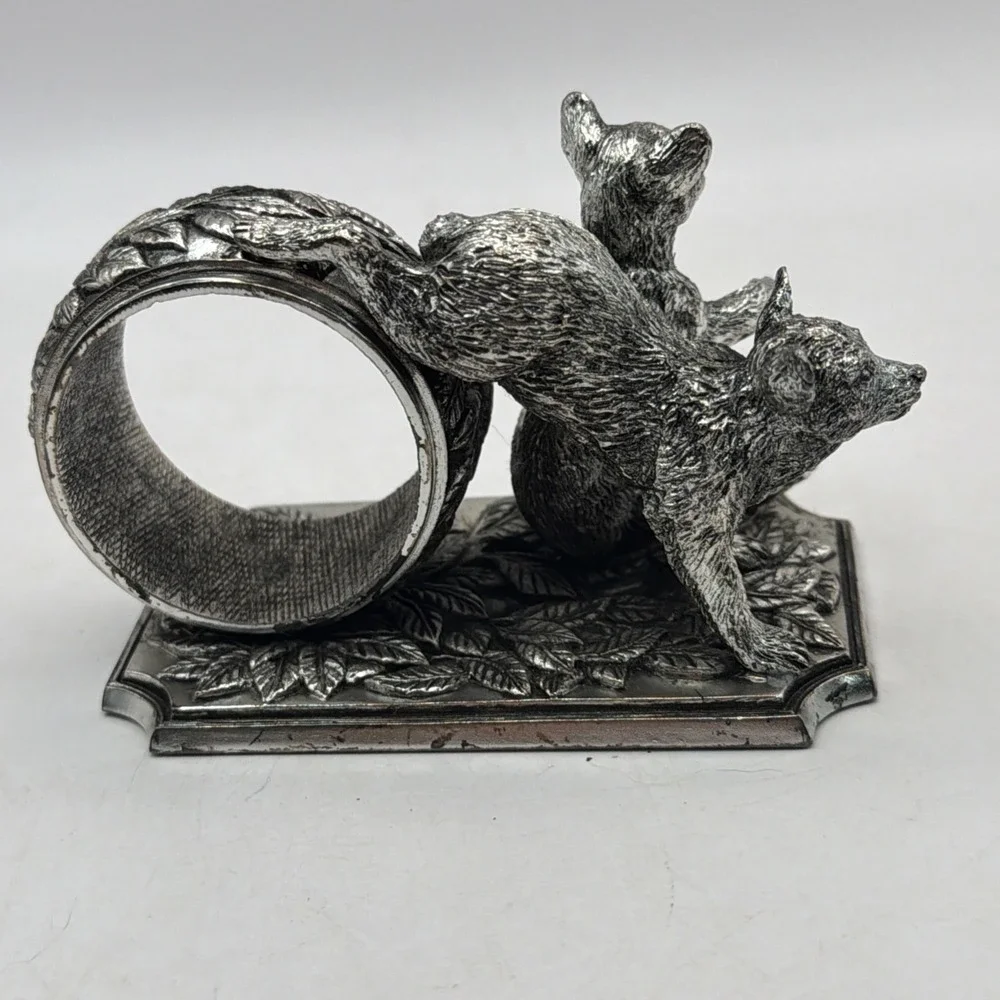 Franklin Mint Animals At Play Napkin Ring Silver Plate Bear Cubs Vintage 1977